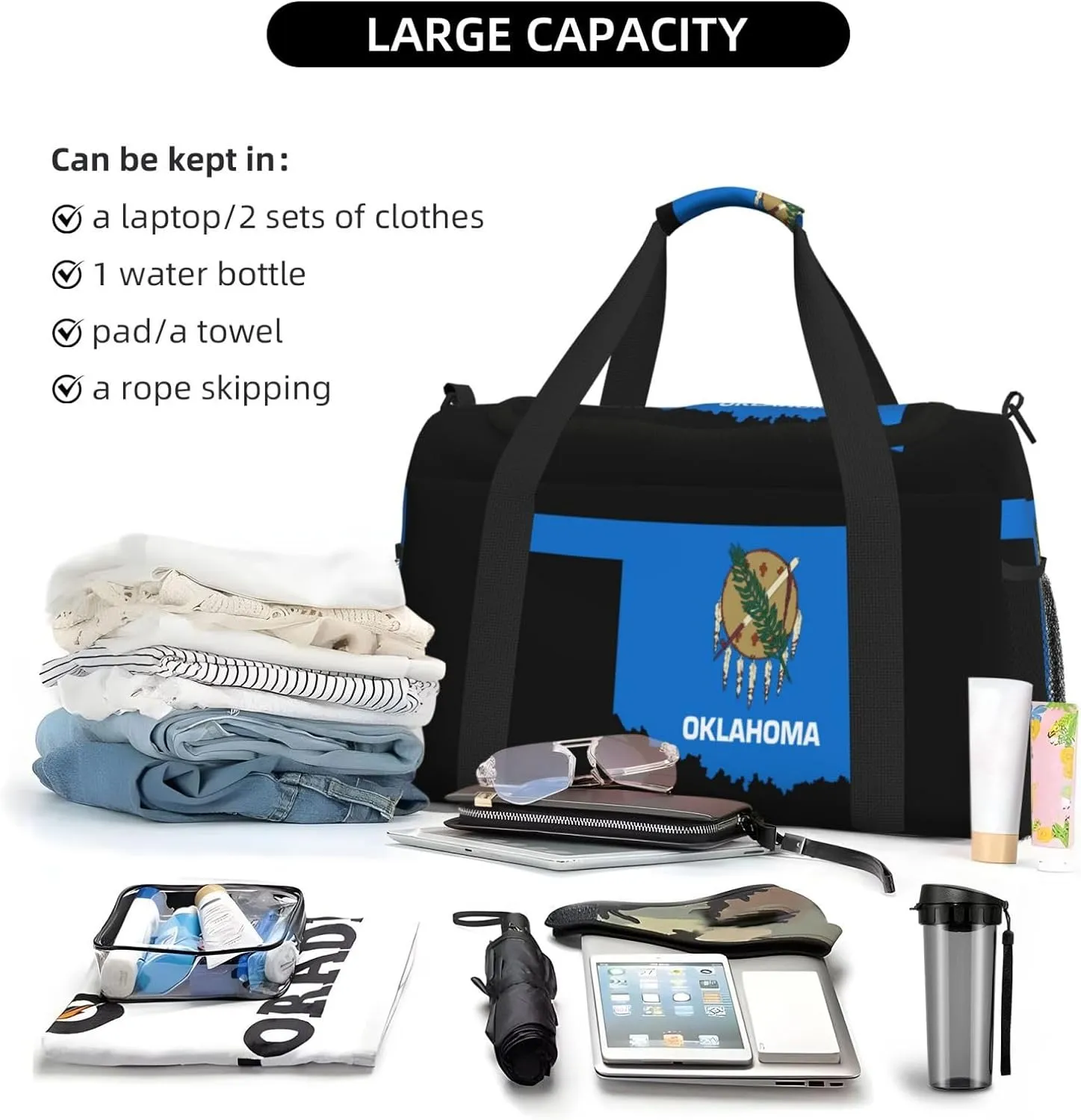 Flag Map Of Oklahoma Travel Duffel Bag Large Foldable Waterproof Overnight Bag For Beach Swim Bags Pool Sports Gym