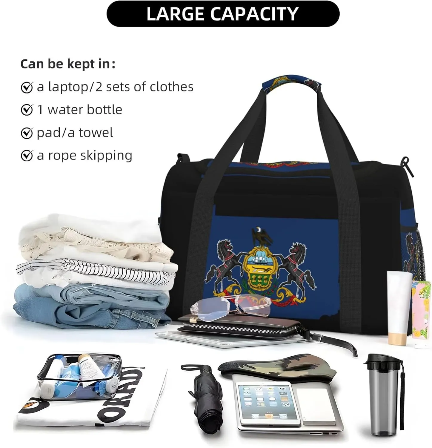 Flag Map Of Pennsylvania Travel Duffel Bag Large Foldable Waterproof Overnight Bag For Beach Swim Bags Pool Sports Gym