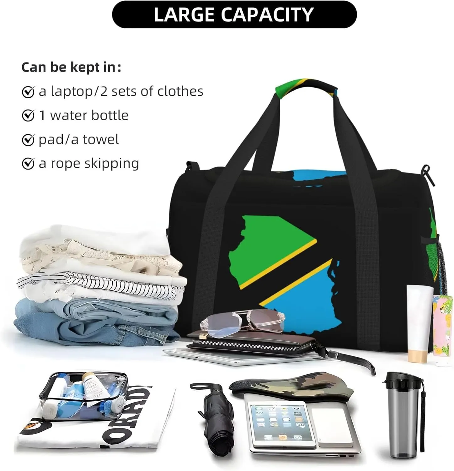 Flag Map Of Tanzania Travel Duffel Bag Large Foldable Waterproof Overnight Bag For Beach Swim Bags Pool Sports Gym