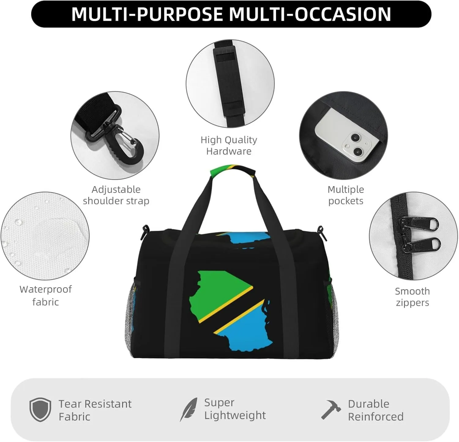 Flag Map Of Tanzania Travel Duffel Bag Large Foldable Waterproof Overnight Bag For Beach Swim Bags Pool Sports Gym