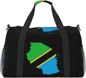 Flag Map Of Tanzania Travel Duffel Bag Large Foldable Waterproof Overnight Bag For Beach Swim Bags Pool Sports Gym