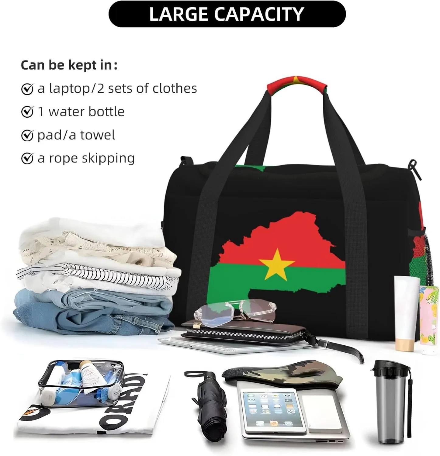 Flag Of Burkina Faso Map Travel Duffel Bag Large Foldable Waterproof Overnight Bag For Beach Swim Bags Pool Sports Gym