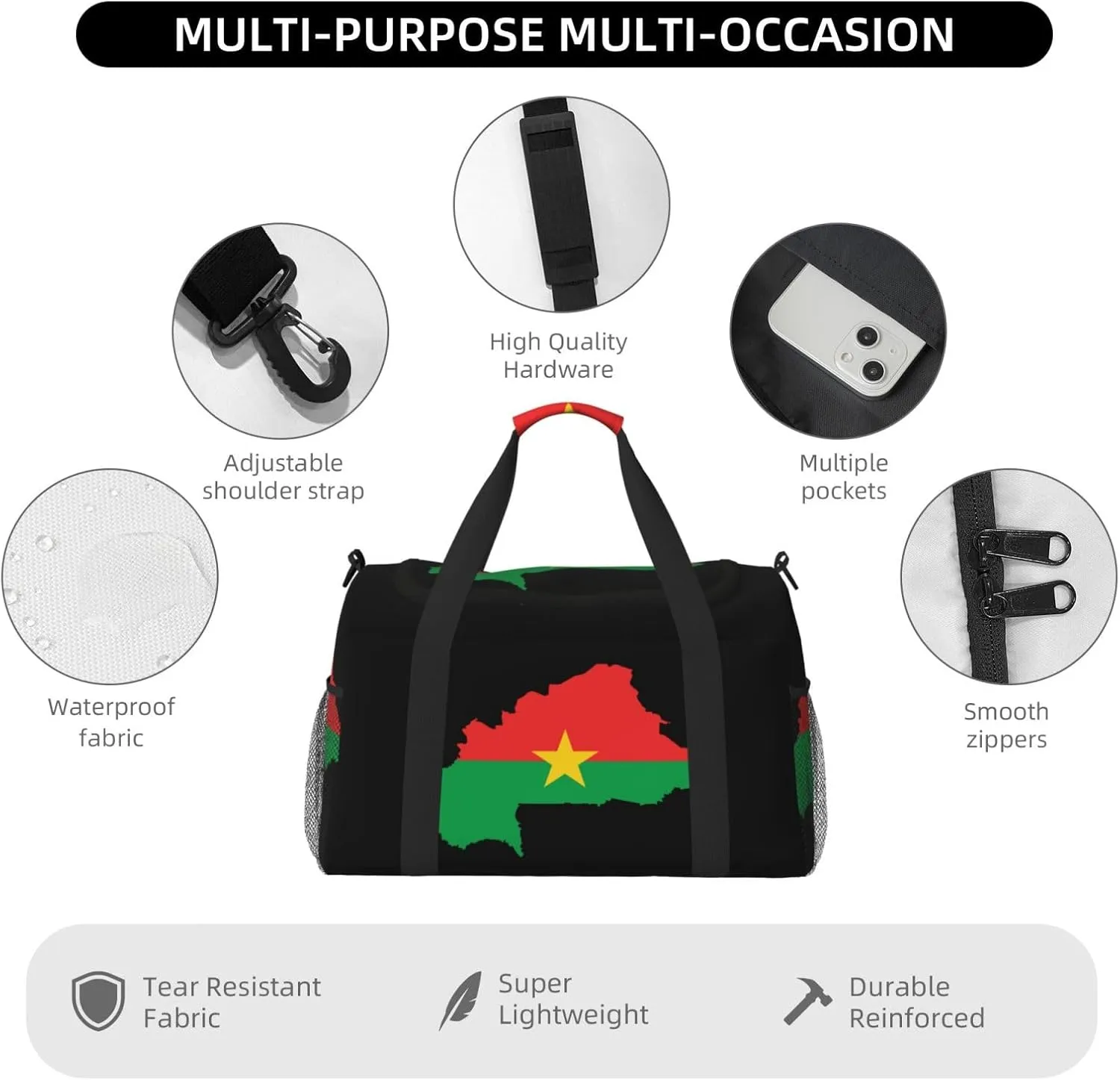 Flag Of Burkina Faso Map Travel Duffel Bag Large Foldable Waterproof Overnight Bag For Beach Swim Bags Pool Sports Gym