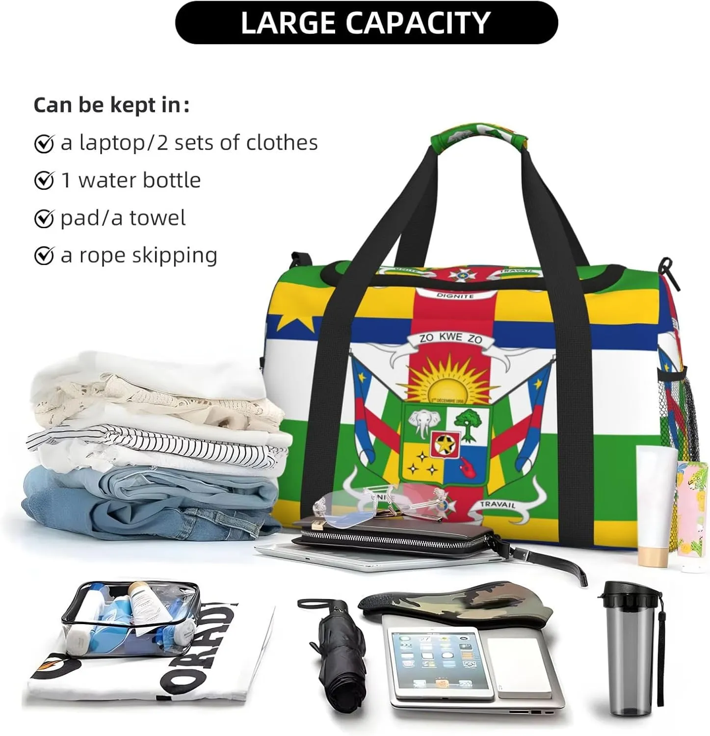 Flag Of Central African Travel Duffel Bag Large Foldable Waterproof Overnight Bag For Beach Swim Bags Pool Sports Gym