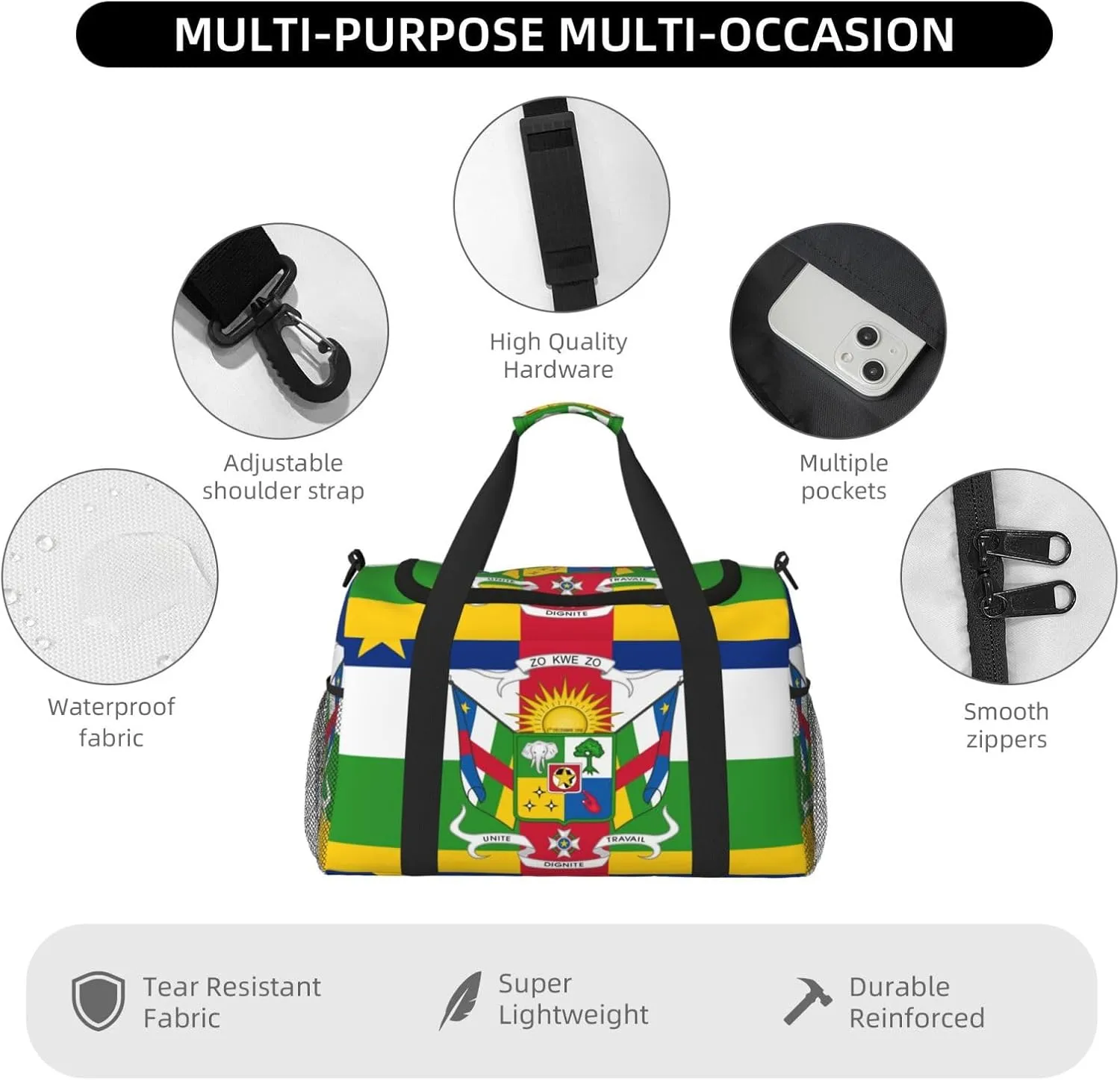 Flag Of Central African Travel Duffel Bag Large Foldable Waterproof Overnight Bag For Beach Swim Bags Pool Sports Gym