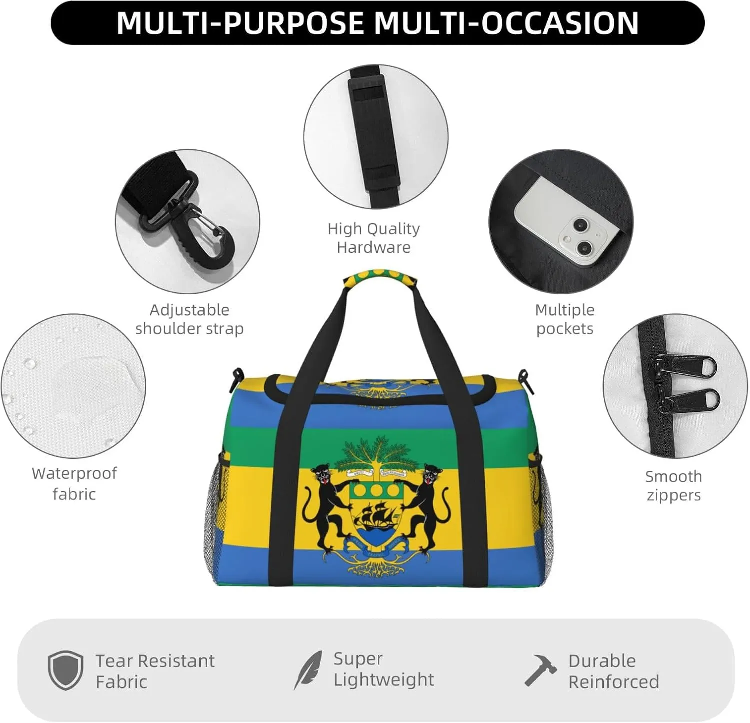 Flag Of Gabon Travel Duffel Bag Large Foldable Waterproof Overnight Bag For Beach Swim Bags Pool Sports Gym