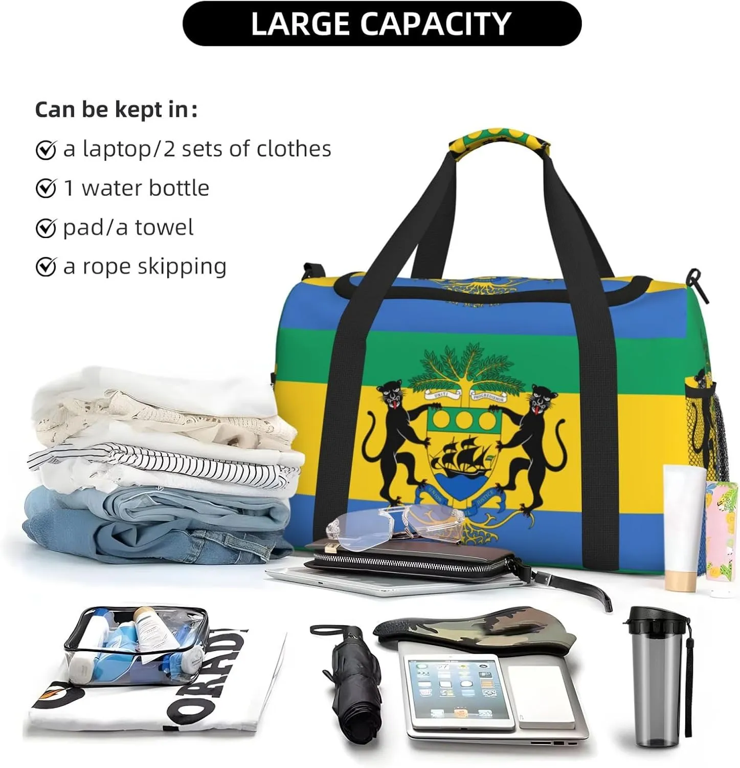 Flag Of Gabon Travel Duffel Bag Large Foldable Waterproof Overnight Bag For Beach Swim Bags Pool Sports Gym
