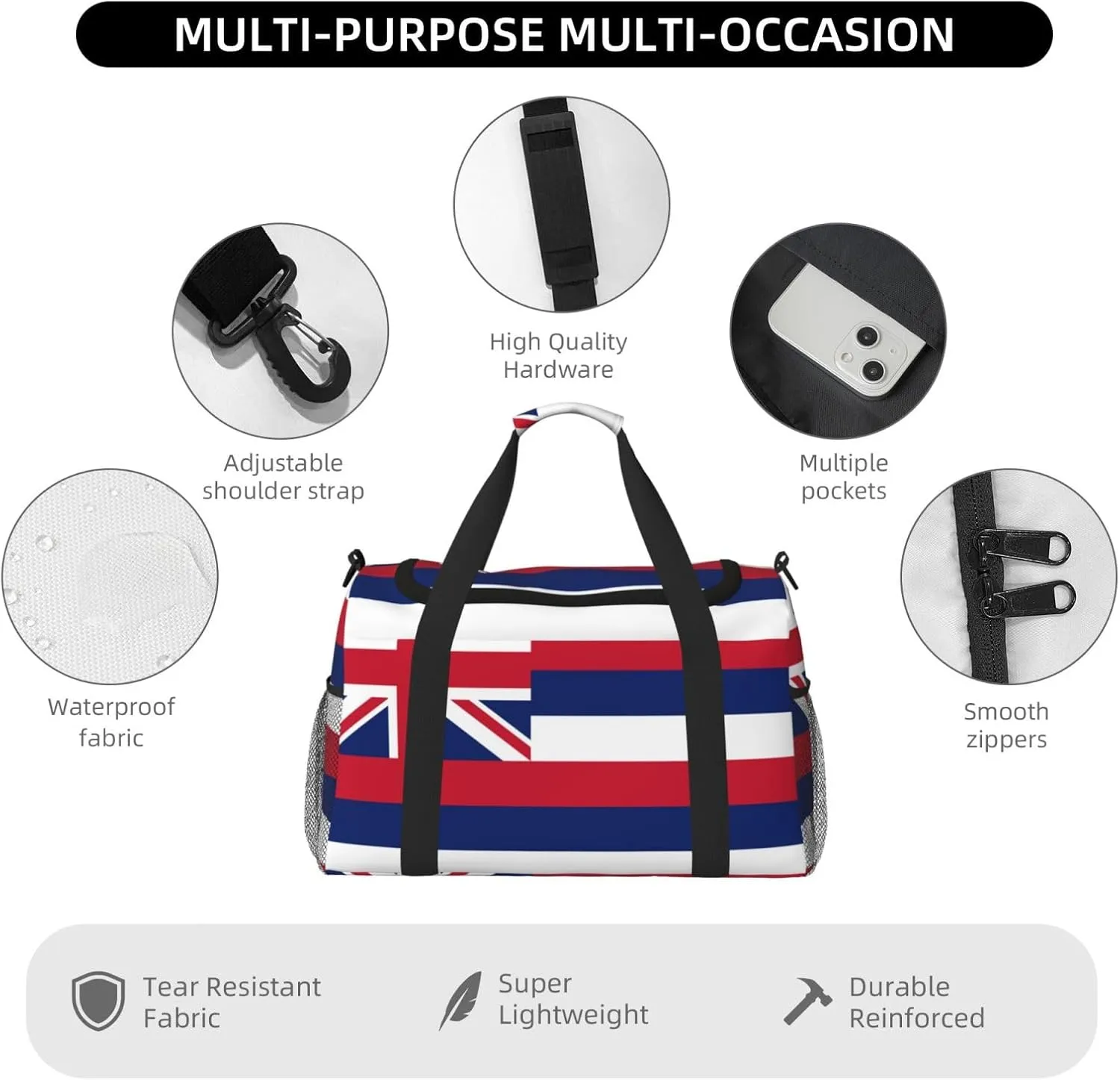 Flag Of Hawaii Travel Duffel Bag Large Foldable Waterproof Overnight Bag For Beach Swim Bags Pool Sports Gym