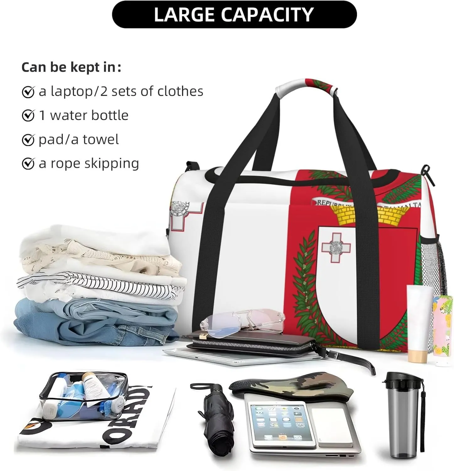 Flag Of Malta Travel Duffel Bag Large Foldable Waterproof Overnight Bag For Beach Swim Bags Pool Sports Gym
