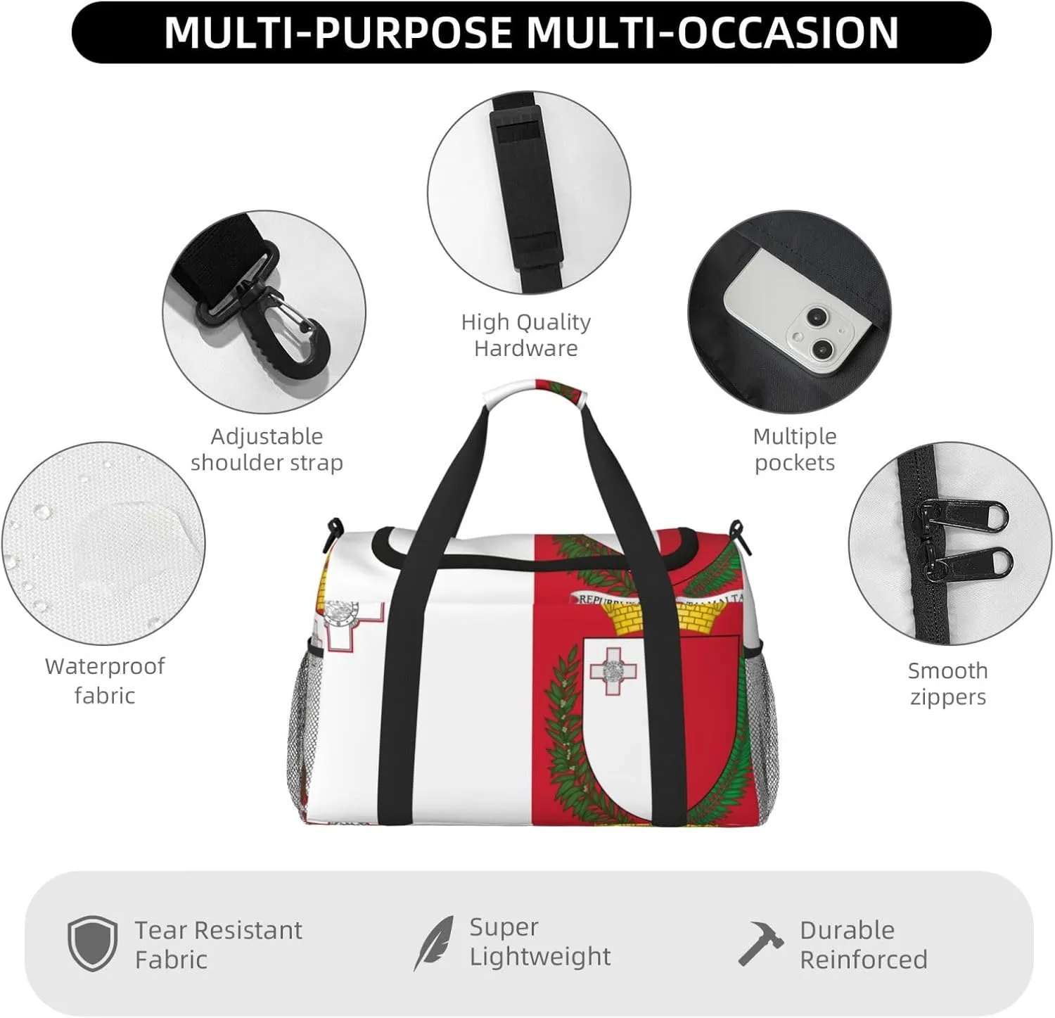 Flag Of Malta Travel Duffel Bag Large Foldable Waterproof Overnight Bag For Beach Swim Bags Pool Sports Gym