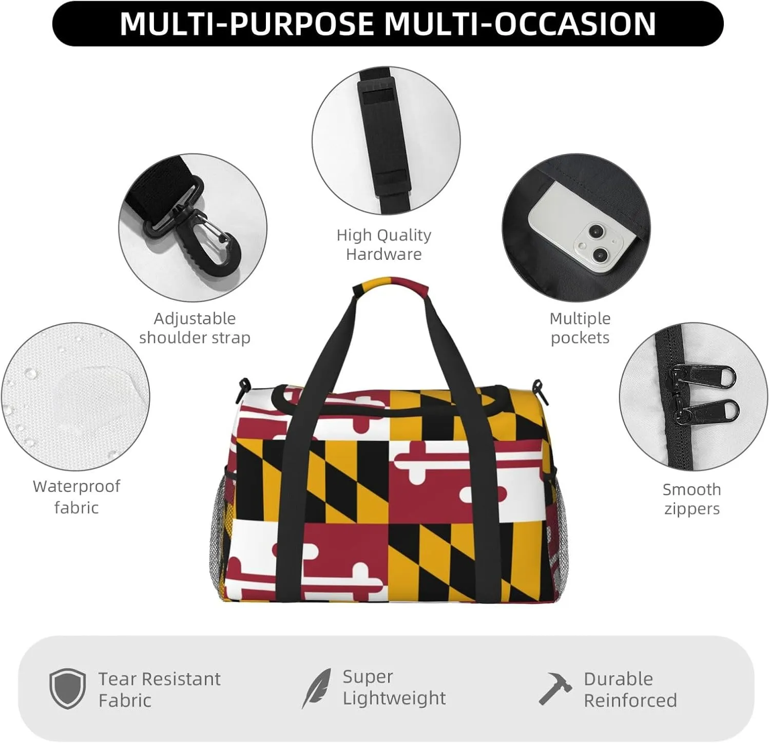 Flag Of Maryland Travel Duffel Bag Large Foldable Waterproof Overnight Bag For Beach Swim Bags Pool Sports Gym