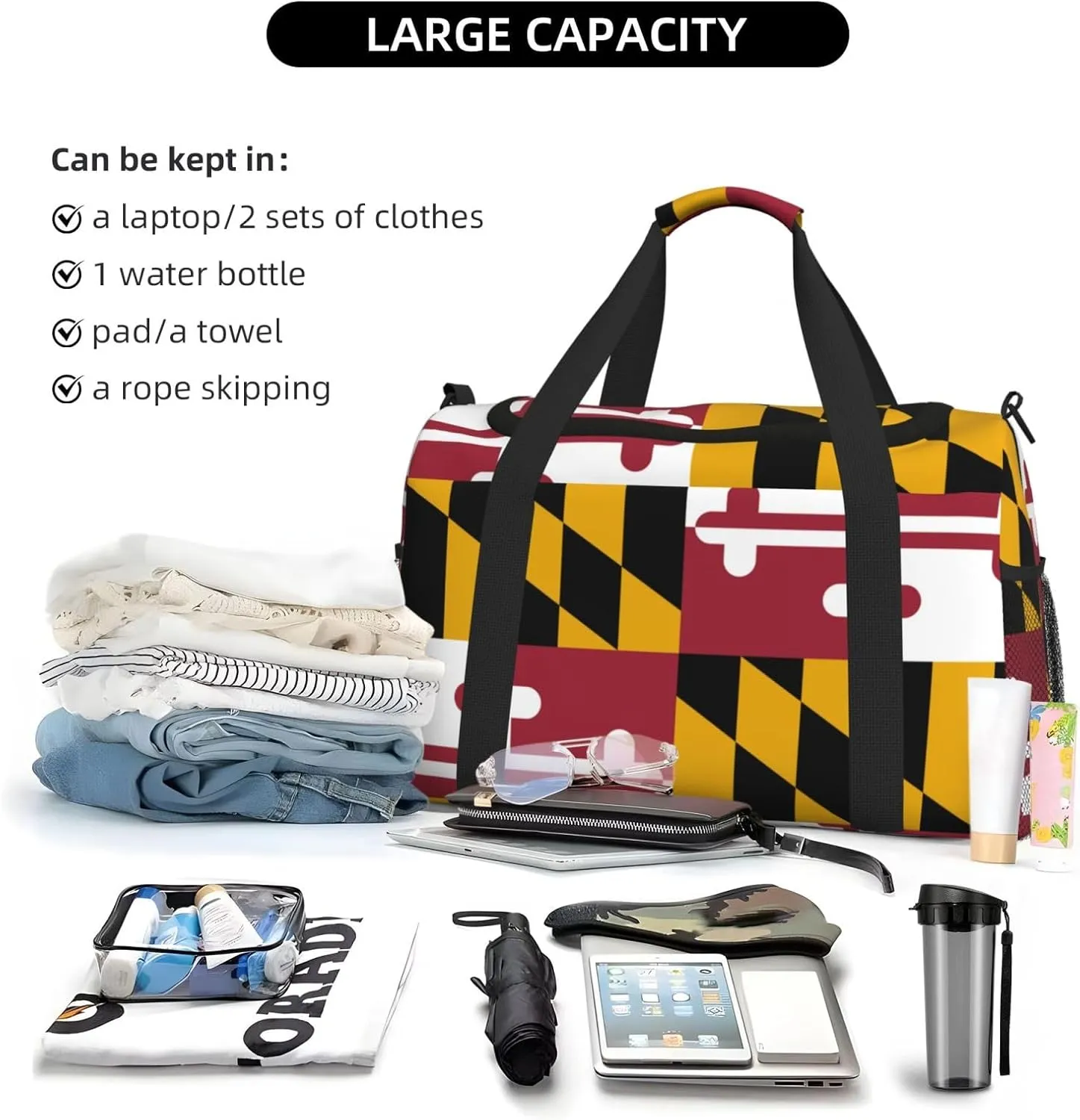 Flag Of Maryland Travel Duffel Bag Large Foldable Waterproof Overnight Bag For Beach Swim Bags Pool Sports Gym