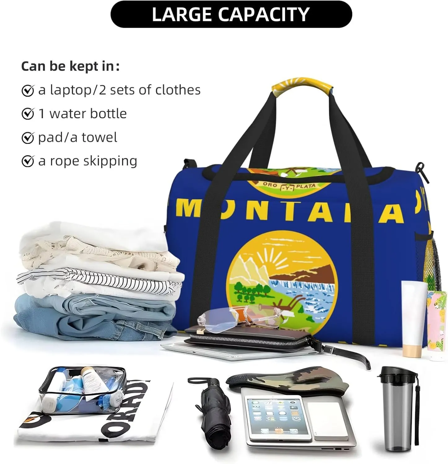 Flag Of Montana Travel Duffel Bag Large Foldable Waterproof Overnight Bag For Beach Swim Bags Pool Sports Gym
