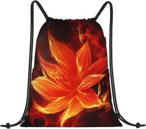 Flaming Fire Flowers Print Drawstring Backpack Water Resistant String Bag Sackpack Cinch For Sports Camping Traveling