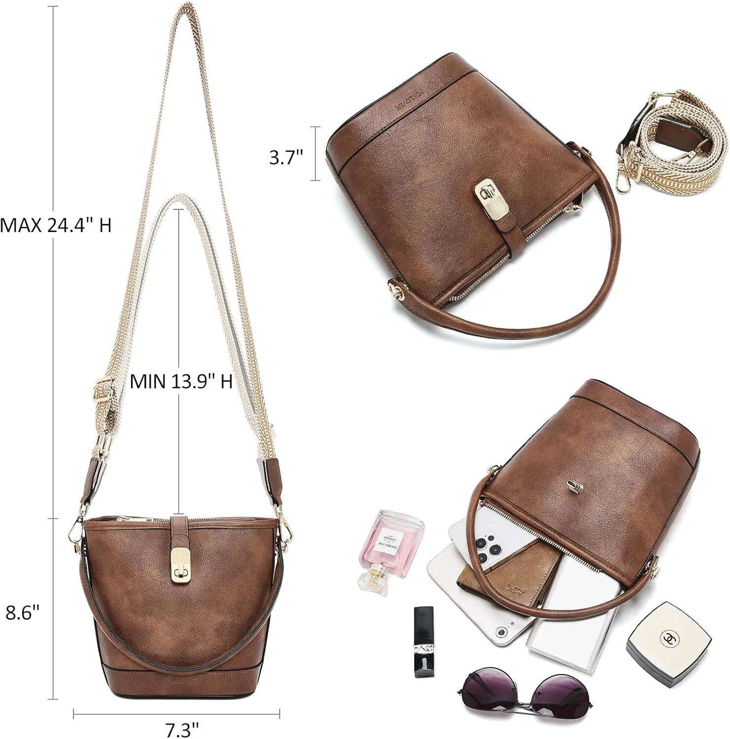 FOXLOVER Small Bucket bags for Women Vegan Leather Top-Handle Handbags Satchel Bag with Detachable Wide Shoulder Strap