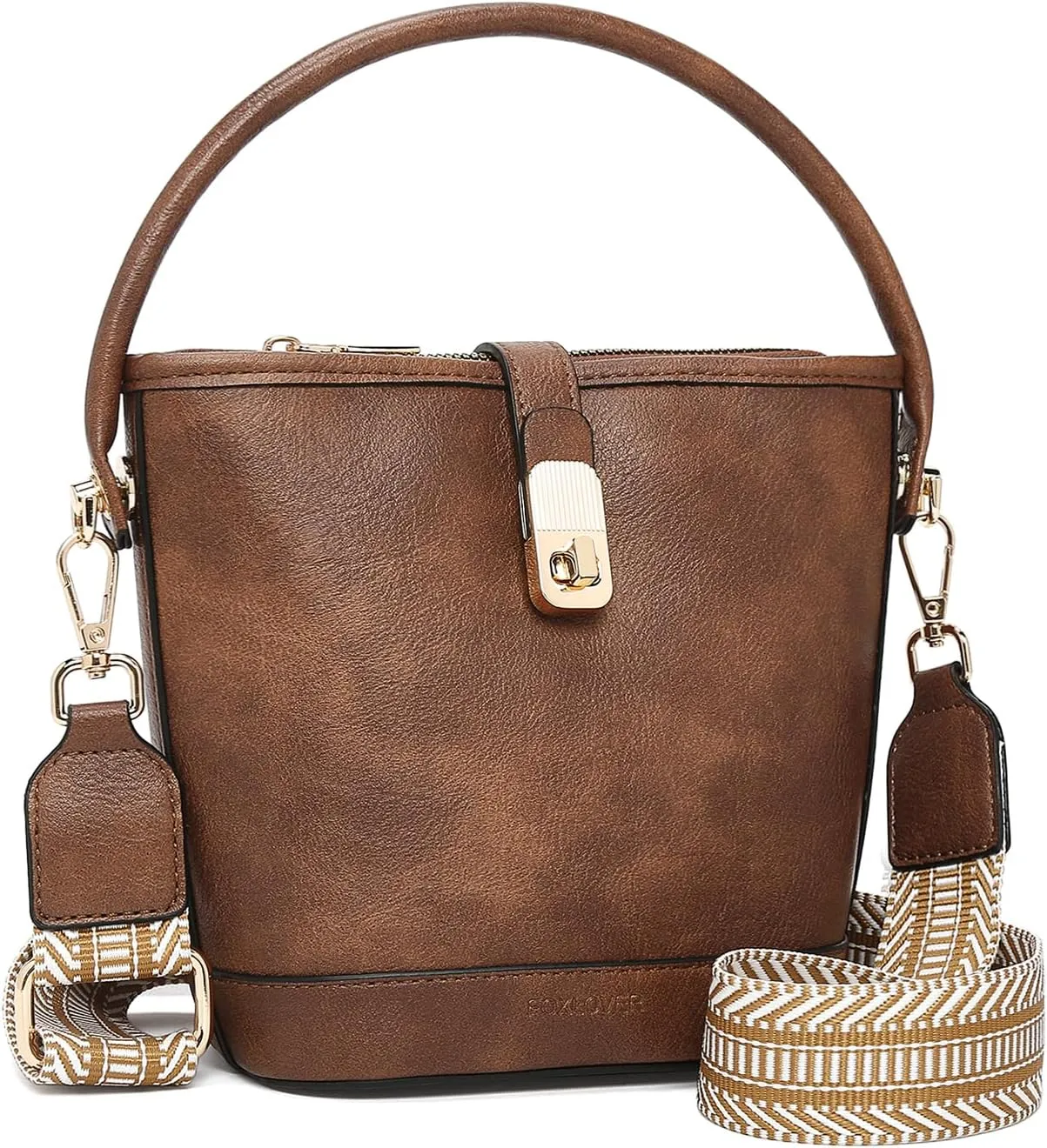 FOXLOVER Small Bucket bags for Women Vegan Leather Top-Handle Handbags Satchel Bag with Detachable Wide Shoulder Strap