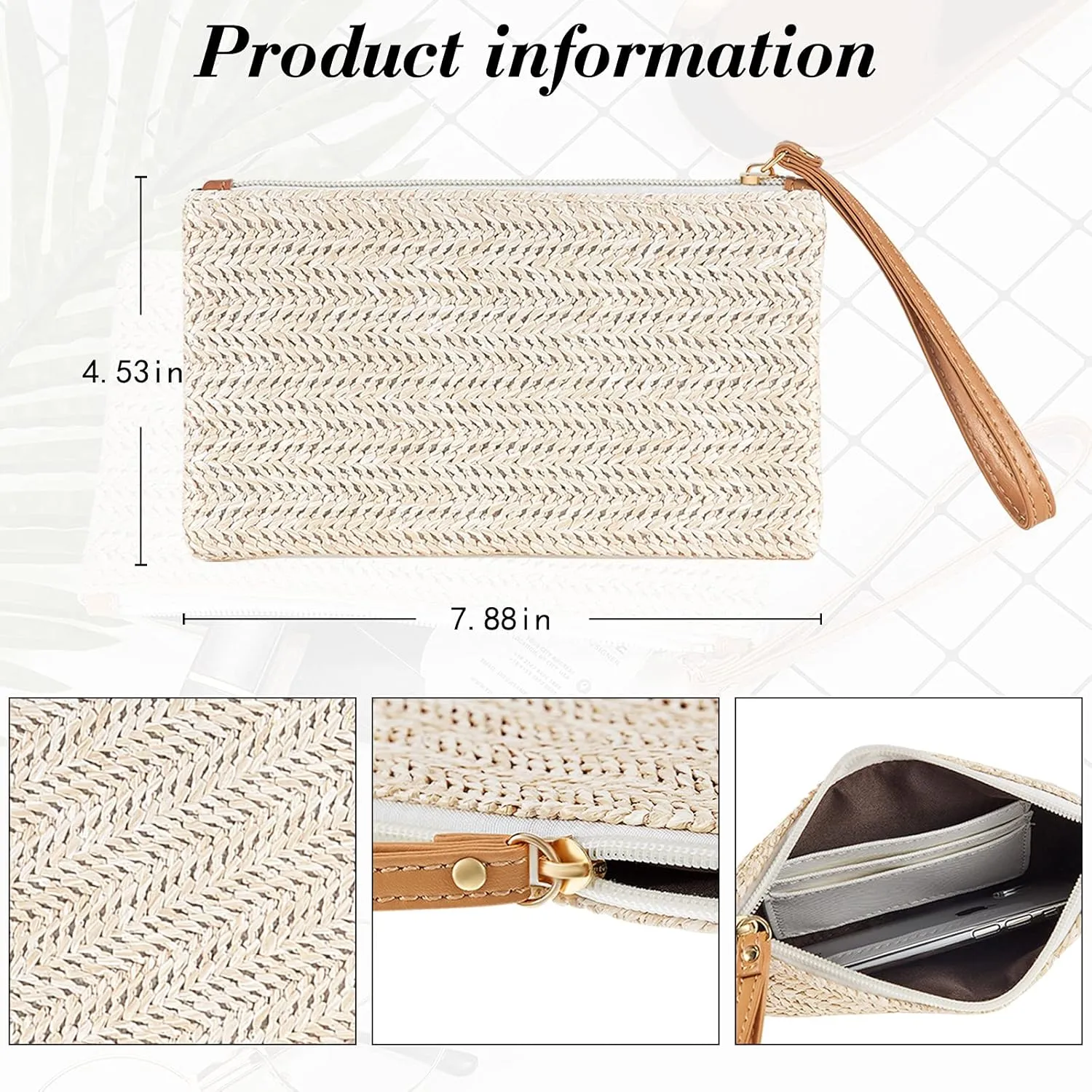 Frienda 2 Pieces Straw Clutch Purse Straw Handbag for Women Summer Beach Bag Bohemian Wristlet Bag(Beige-White)