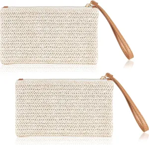 Frienda 2 Pieces Straw Clutch Purse Straw Handbag for Women Summer Beach Bag Bohemian Wristlet Bag(Beige-White)