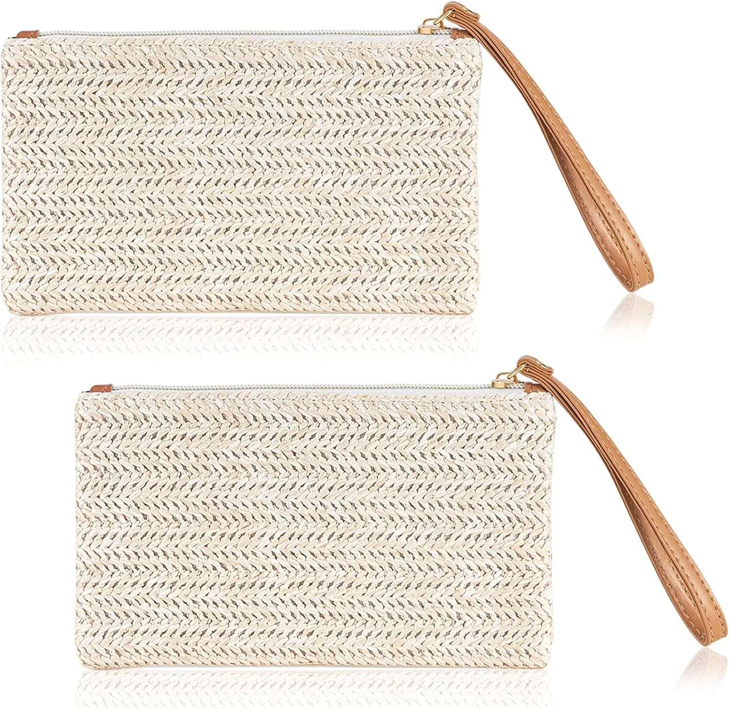 Frienda 2 Pieces Straw Clutch Purse Straw Handbag for Women Summer Beach Bag Bohemian Wristlet Bag(Beige-White)