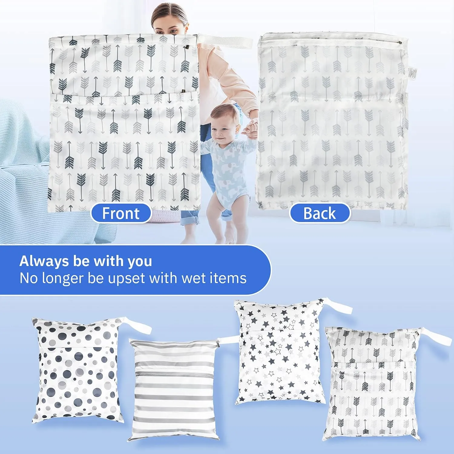 Frienda 4 Pieces Wet Dry Bag for Baby Waterproof Reusable Washable Diaper Bag Sealed with Handle for Travel, Beach, Swimsuit, Diapers, Dirty Gym Clothes and Toiletries (Geometric)