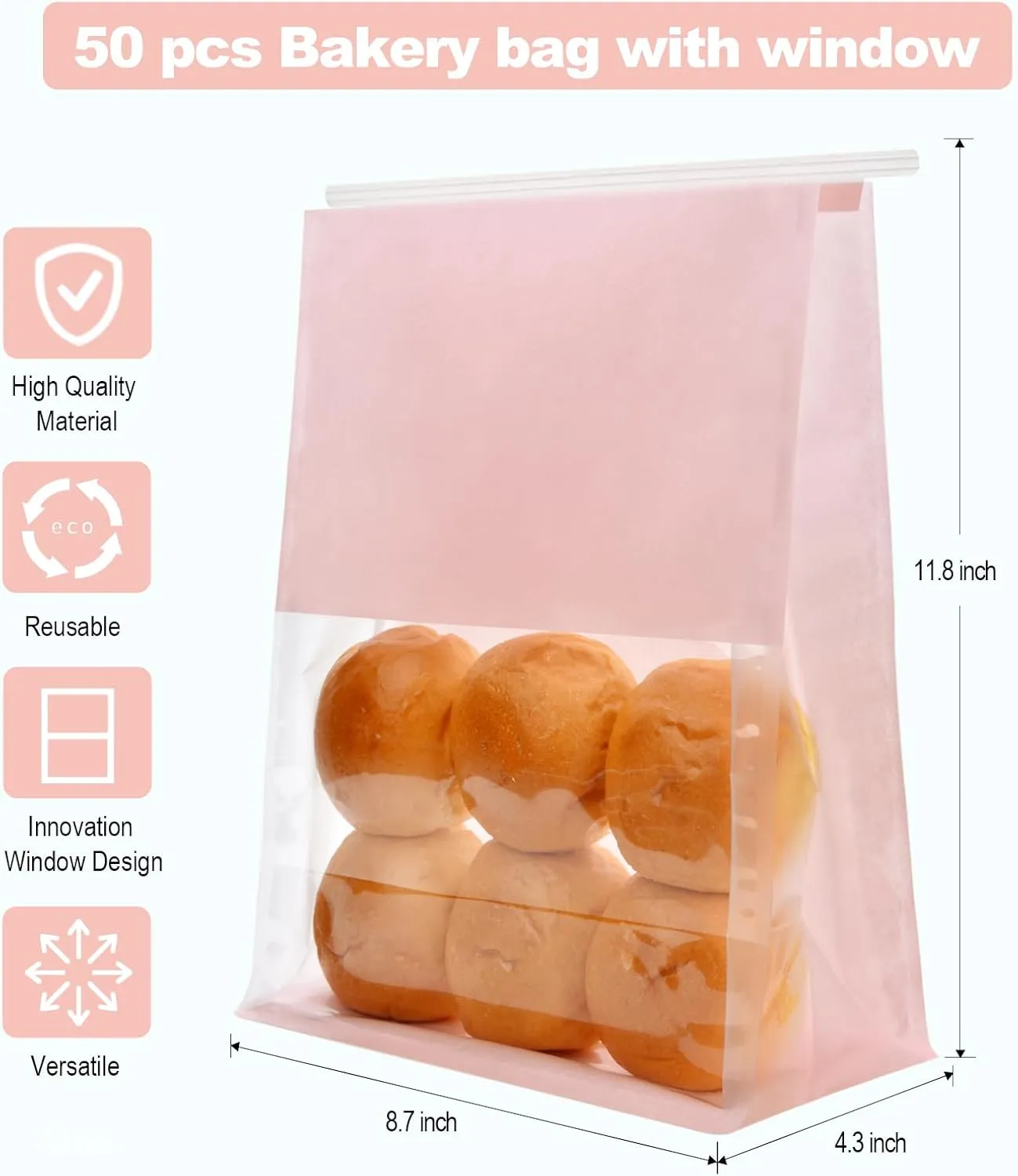 Funcoo 50 Pcs Paper Bread Loaf Bag Food Packaging Storage Bakery Bag with Front Window, Tin Tie Tab Lock Paper Bags (11'' X 8.7'' X 4.3'') (Pink)