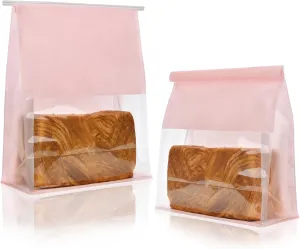 Funcoo 50 Pcs Paper Bread Loaf Bag Food Packaging Storage Bakery Bag with Front Window, Tin Tie Tab Lock Paper Bags (11'' X 8.7'' X 4.3'') (Pink)