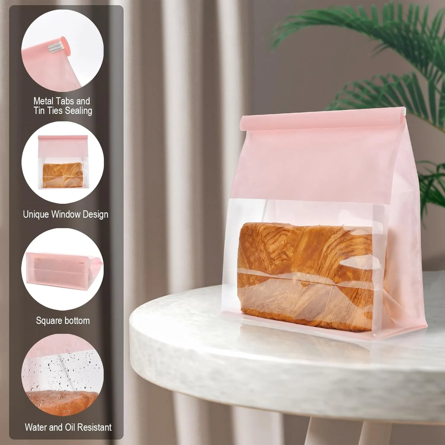Funcoo 50 Pcs Paper Bread Loaf Bag Food Packaging Storage Bakery Bag with Front Window, Tin Tie Tab Lock Paper Bags (11'' X 8.7'' X 4.3'') (Pink)