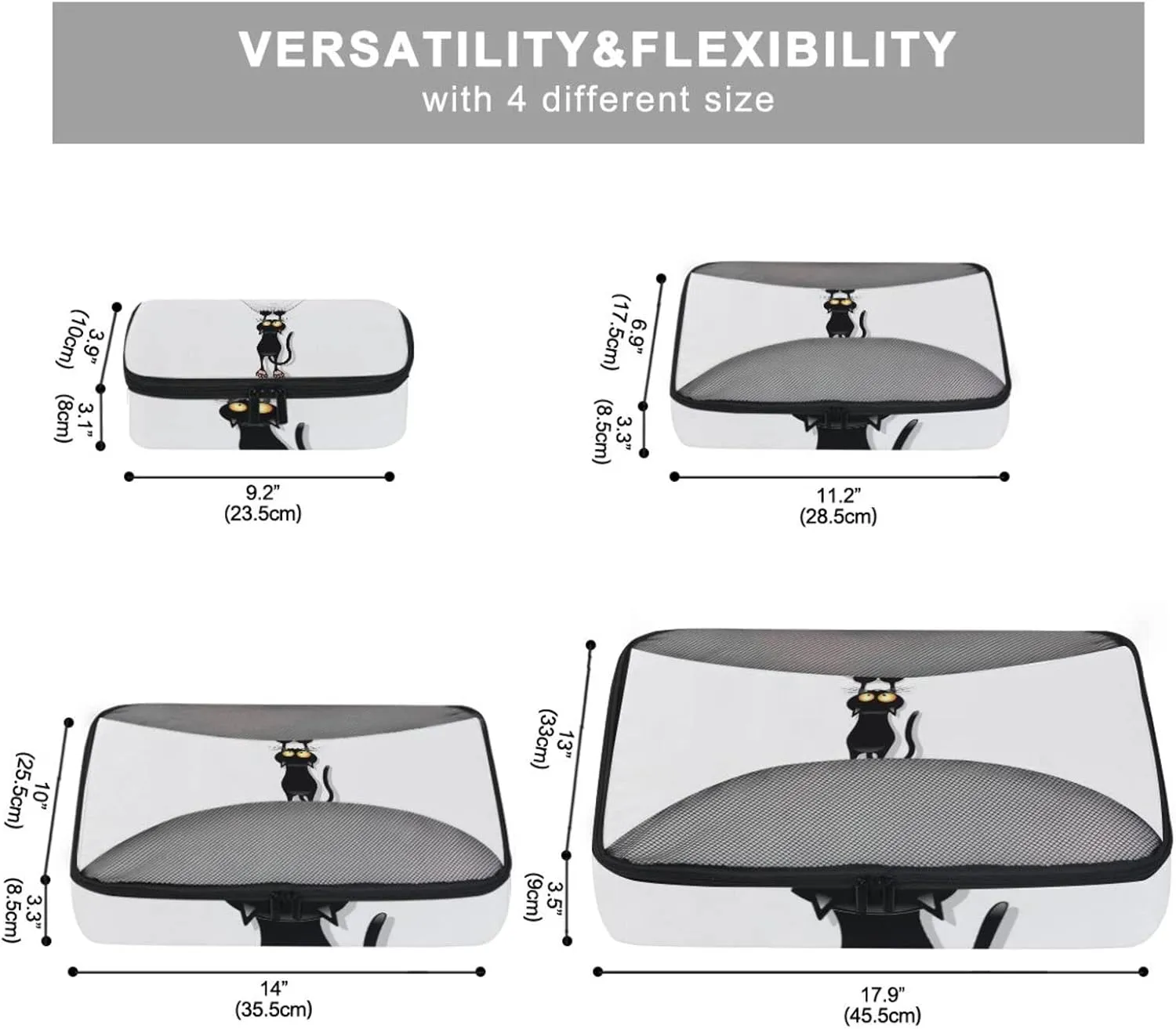 Funny Black Cat Cartoon Scratching Curtains on White 4 PCs Set Packing Bags, Luggage Organizer Bag, Portable Cube Toiletry bag, Durable Travel Cosmetic Storage Bag for Men Women