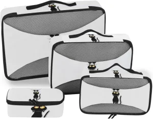 Funny Black Cat Cartoon Scratching Curtains on White 4 PCs Set Packing Bags, Luggage Organizer Bag, Portable Cube Toiletry bag, Durable Travel Cosmetic Storage Bag for Men Women
