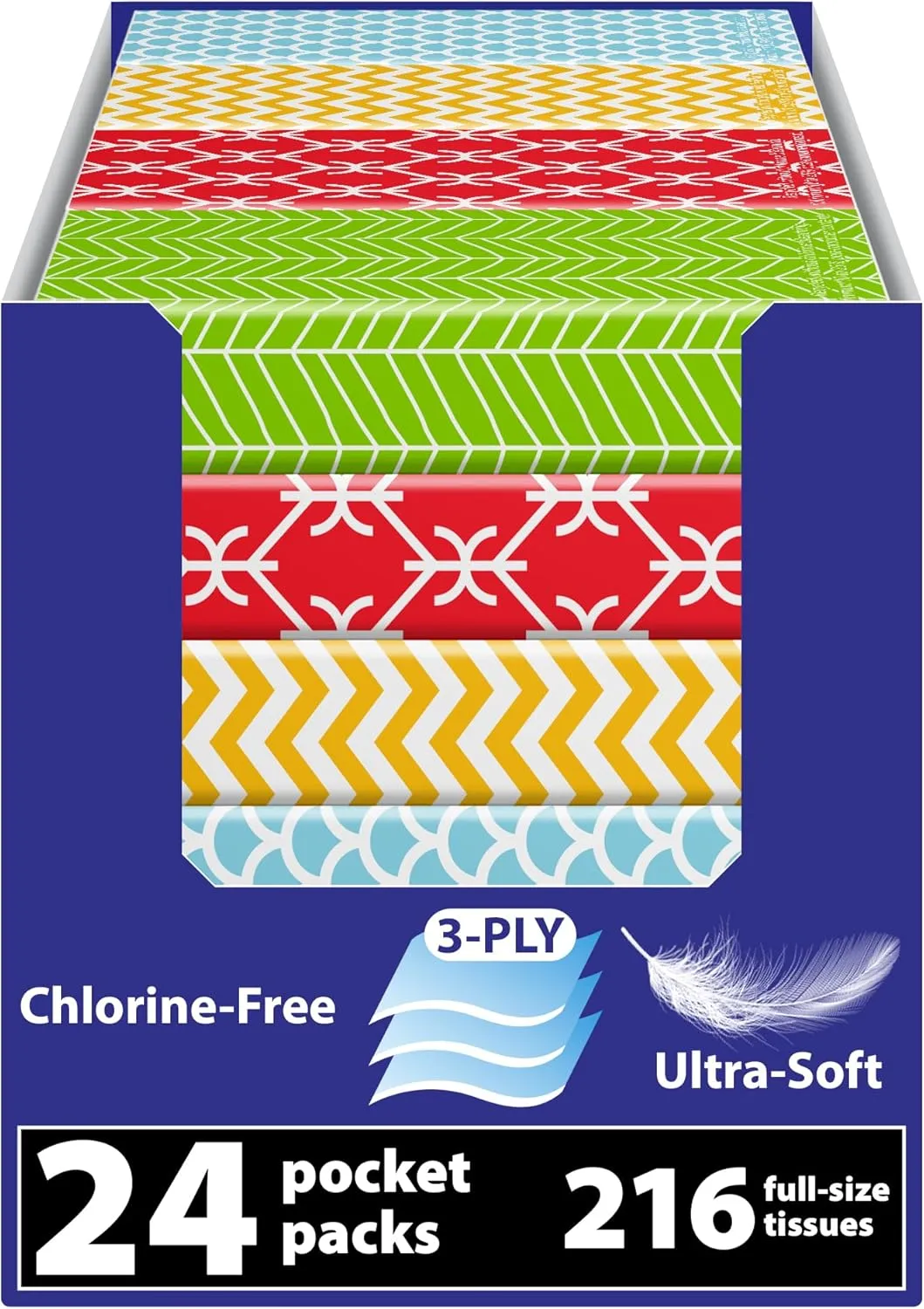 Funwares White Facial Travel Tissue Packs, Non-Bleach, Chlorine-Free, Compact Pocket Tissues for Car, Purse, School, Work, On-the-Go Tissue Packs, Geometric Design, 24 Packs, 216 Tissues, 3-Ply Sheets
