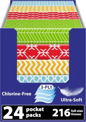 Funwares White Facial Travel Tissue Packs, Non-Bleach, Chlorine-Free, Compact Pocket Tissues for Car, Purse, School, Work, On-the-Go Tissue Packs, Geometric Design, 24 Packs, 216 Tissues, 3-Ply Sheets