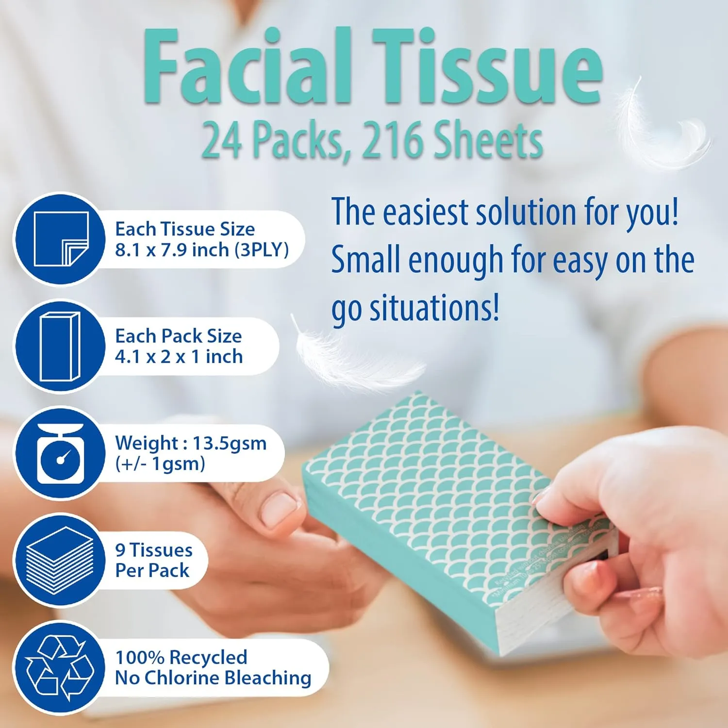 Funwares White Facial Travel Tissue Packs, Non-Bleach, Chlorine-Free, Compact Pocket Tissues for Car, Purse, School, Work, On-the-Go Tissue Packs, Geometric Design, 24 Packs, 216 Tissues, 3-Ply Sheets