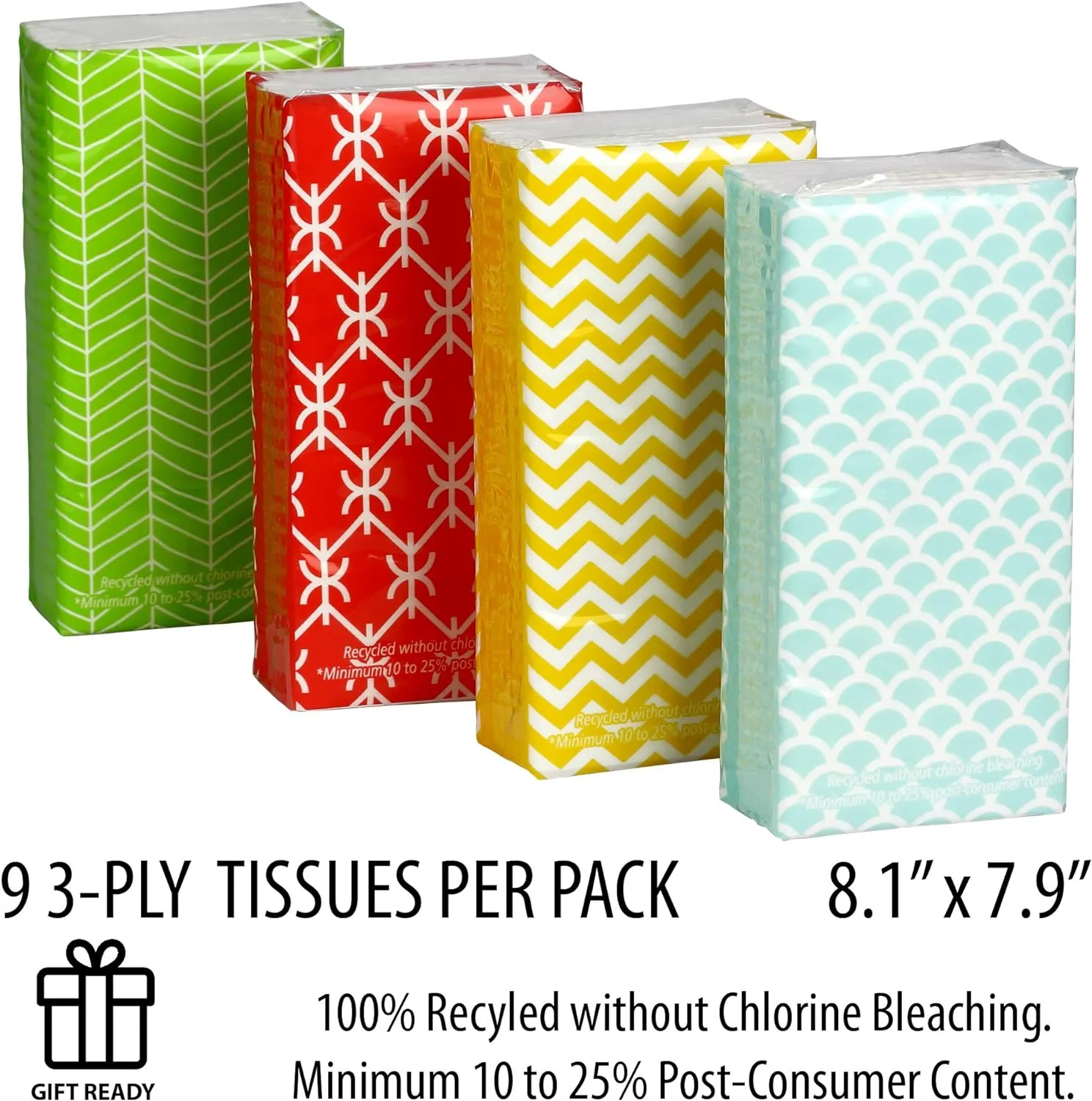 Funwares White Facial Travel Tissue Packs, Non-Bleach, Chlorine-Free, Compact Pocket Tissues for Car, Purse, School, Work, On-the-Go Tissue Packs, Geometric Design, 24 Packs, 216 Tissues, 3-Ply Sheets