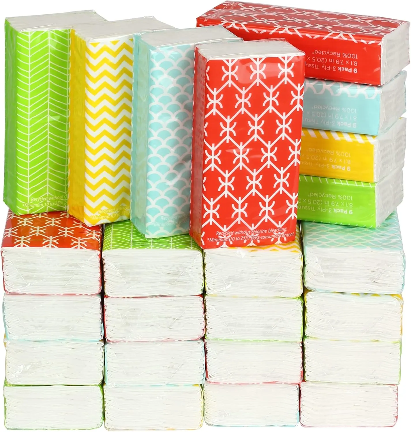 Funwares White Facial Travel Tissue Packs, Non-Bleach, Chlorine-Free, Compact Pocket Tissues for Car, Purse, School, Work, On-the-Go Tissue Packs, Geometric Design, 24 Packs, 216 Tissues, 3-Ply Sheets