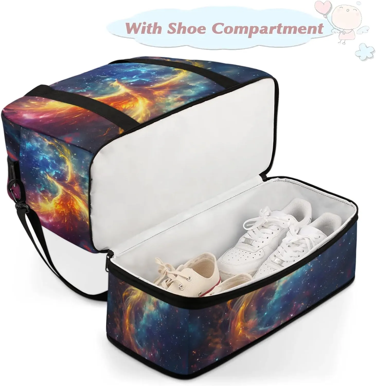 Galaxy Animals Bird Travel Duffel Bags for Women & Men Large Sports Gym Bags Foldie Weekender Overnight Bag Carry On Tote Bag With Shoe Compartment Personal Item Bag for Travel Sports Gym