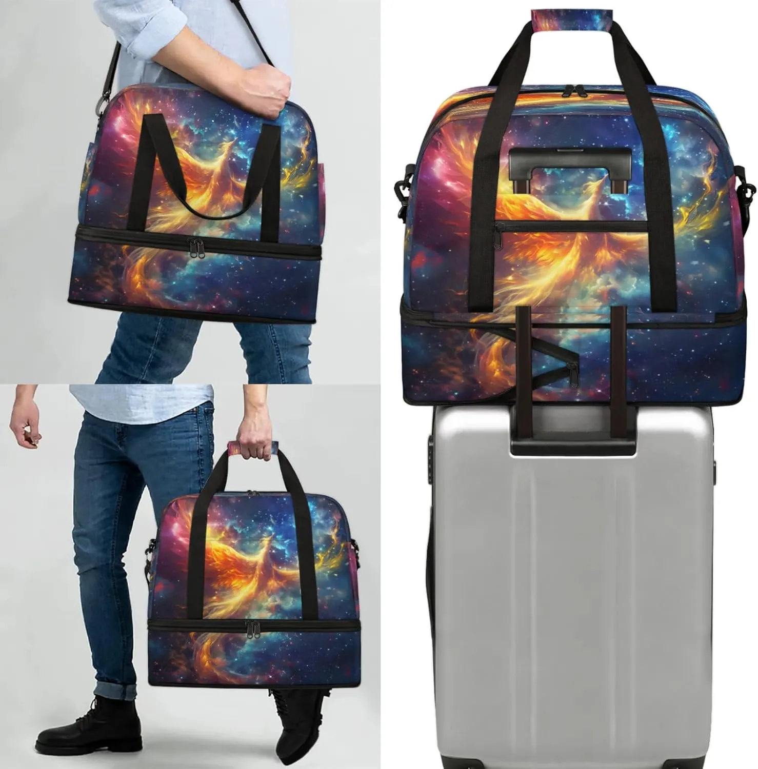 Galaxy Animals Bird Travel Duffel Bags for Women & Men Large Sports Gym Bags Foldie Weekender Overnight Bag Carry On Tote Bag With Shoe Compartment Personal Item Bag for Travel Sports Gym
