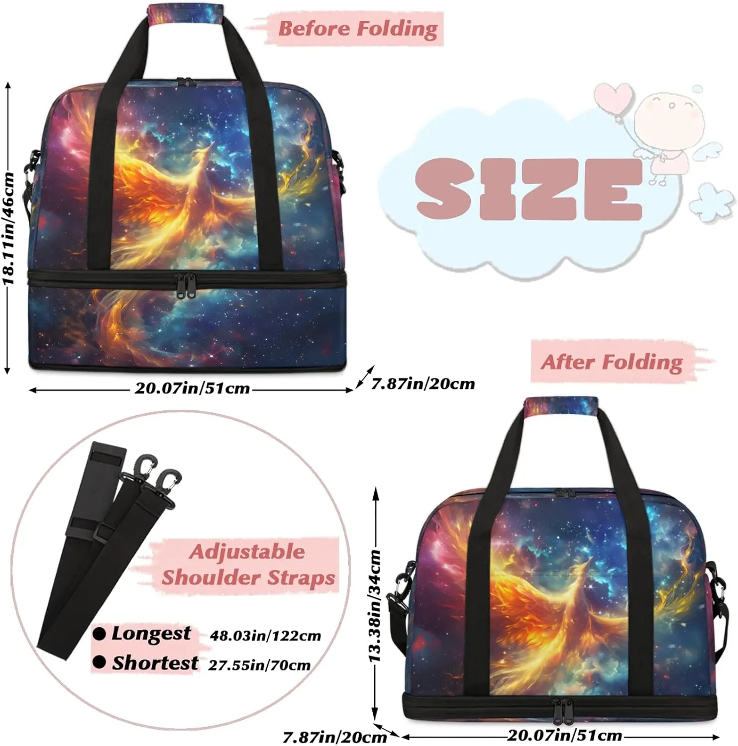 Galaxy Animals Bird Travel Duffel Bags for Women & Men Large Sports Gym Bags Foldie Weekender Overnight Bag Carry On Tote Bag With Shoe Compartment Personal Item Bag for Travel Sports Gym