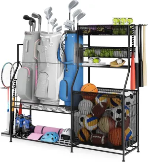 Garage Sports Equipment Organizer, 3 Golf Bag Organizer Stand Heavy-Duty Ball Storage Rack with Basket and Hooks, Ball Storage Cart for Toy Sports Gear Storage, Black