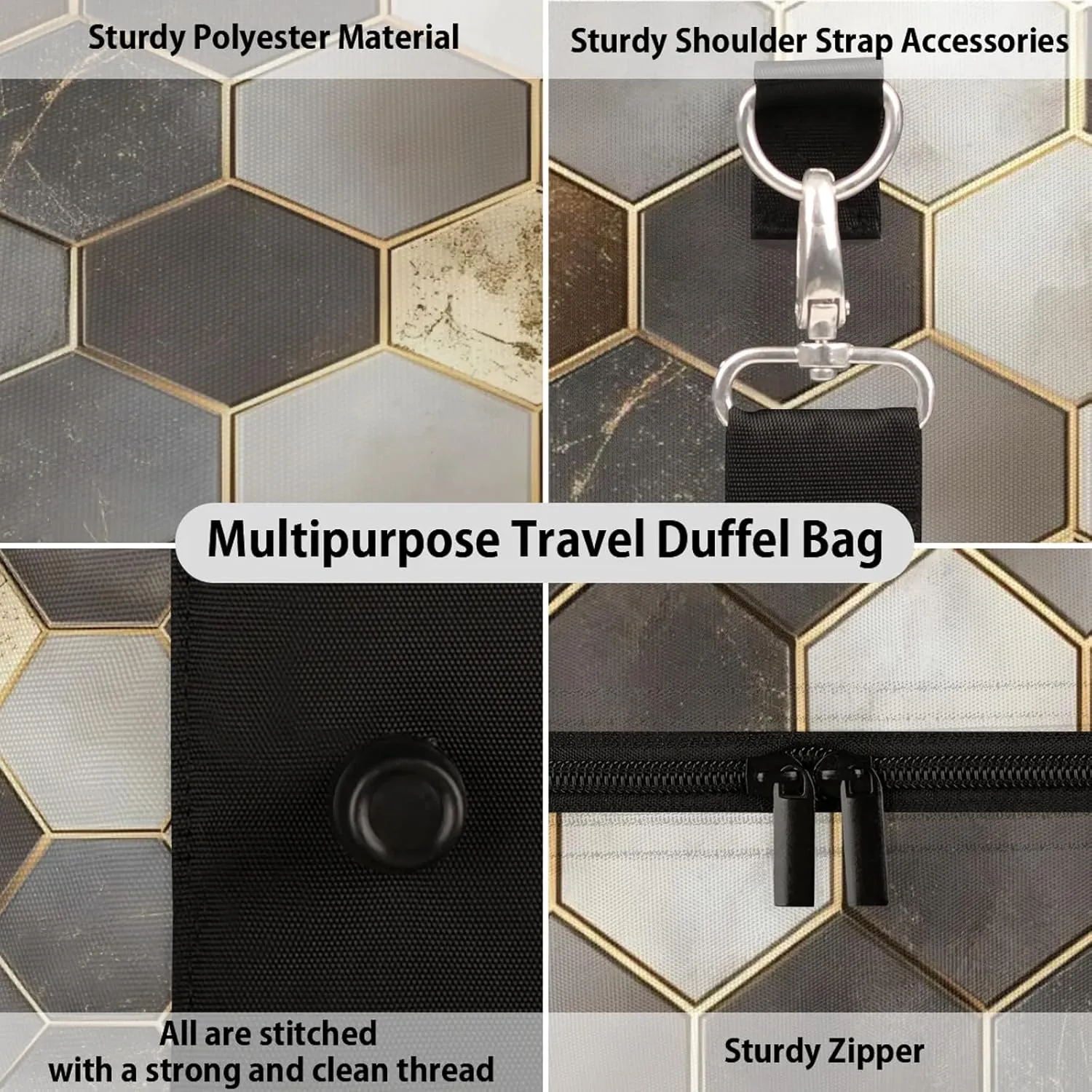 Geometric Duffle Bag for Travel, Overnight Weekend Gym Carry On Luggage Bag, Gold Travel Duffel Bag for Men Women