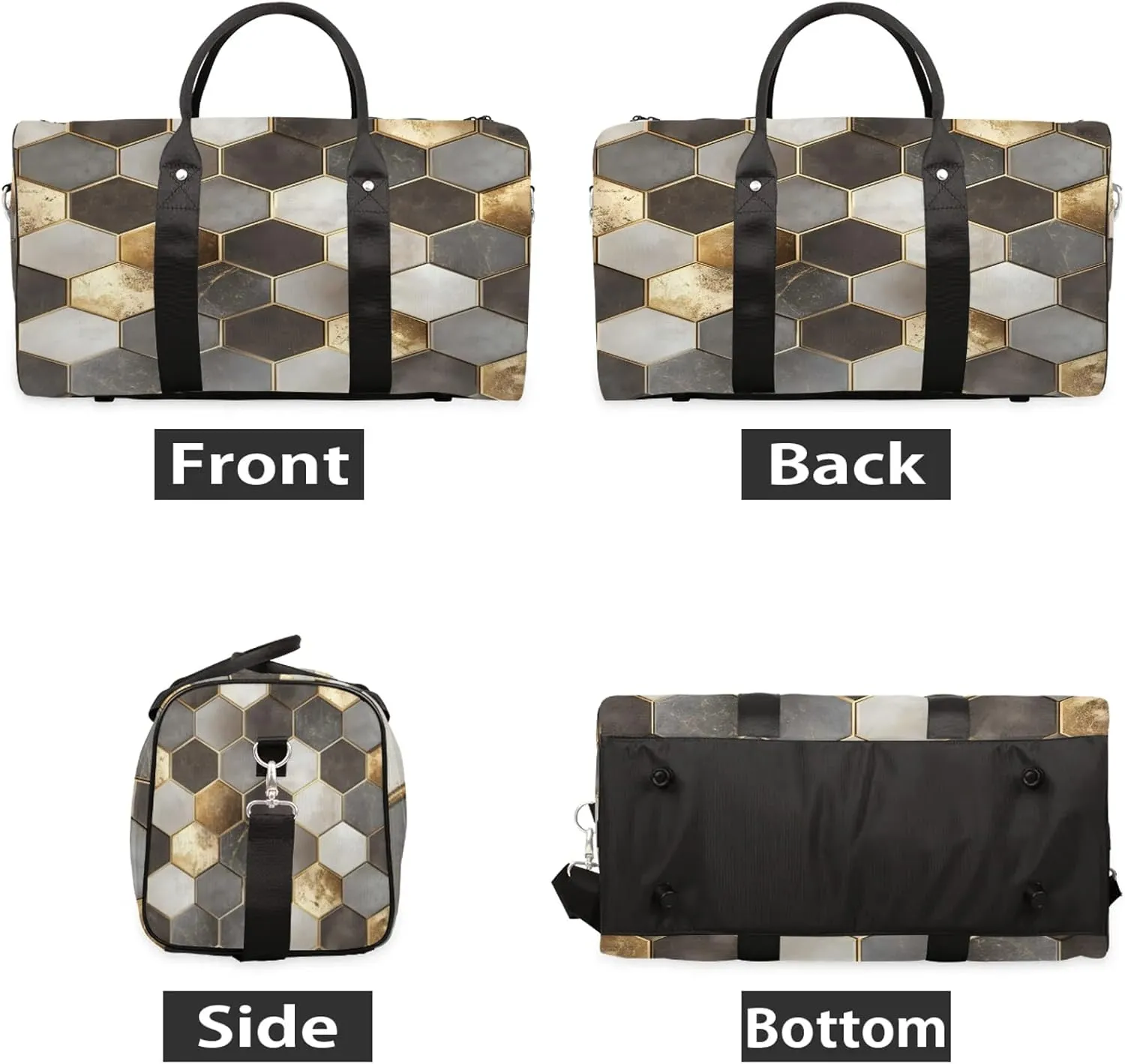 Geometric Duffle Bag for Travel, Overnight Weekend Gym Carry On Luggage Bag, Gold Travel Duffel Bag for Men Women
