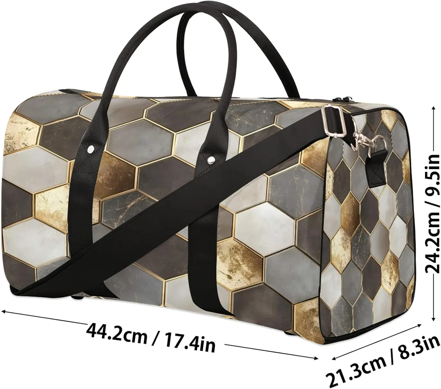 Geometric Duffle Bag for Travel, Overnight Weekend Gym Carry On Luggage Bag, Gold Travel Duffel Bag for Men Women