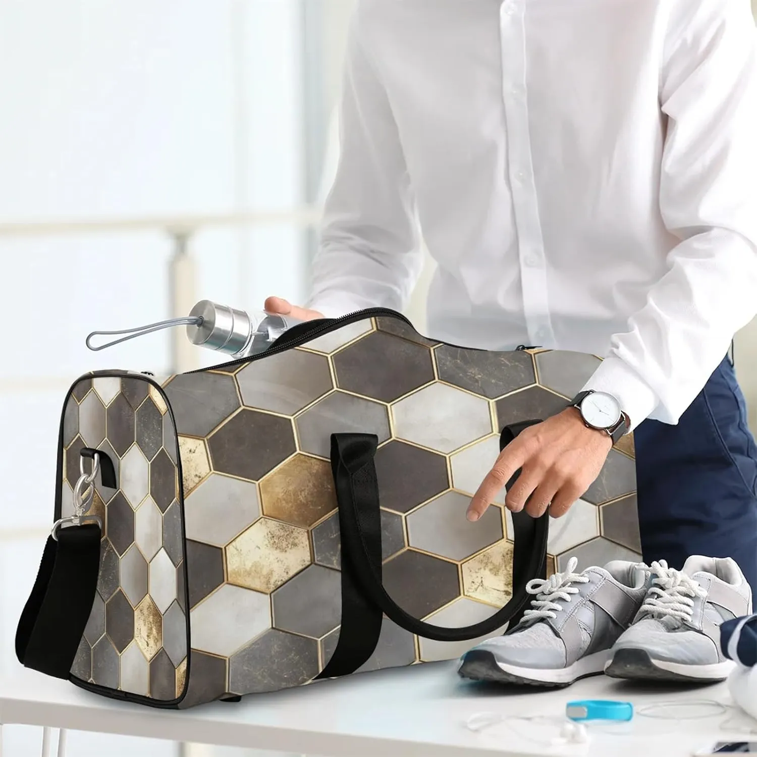 Geometric Duffle Bag for Travel, Overnight Weekend Gym Carry On Luggage Bag, Gold Travel Duffel Bag for Men Women