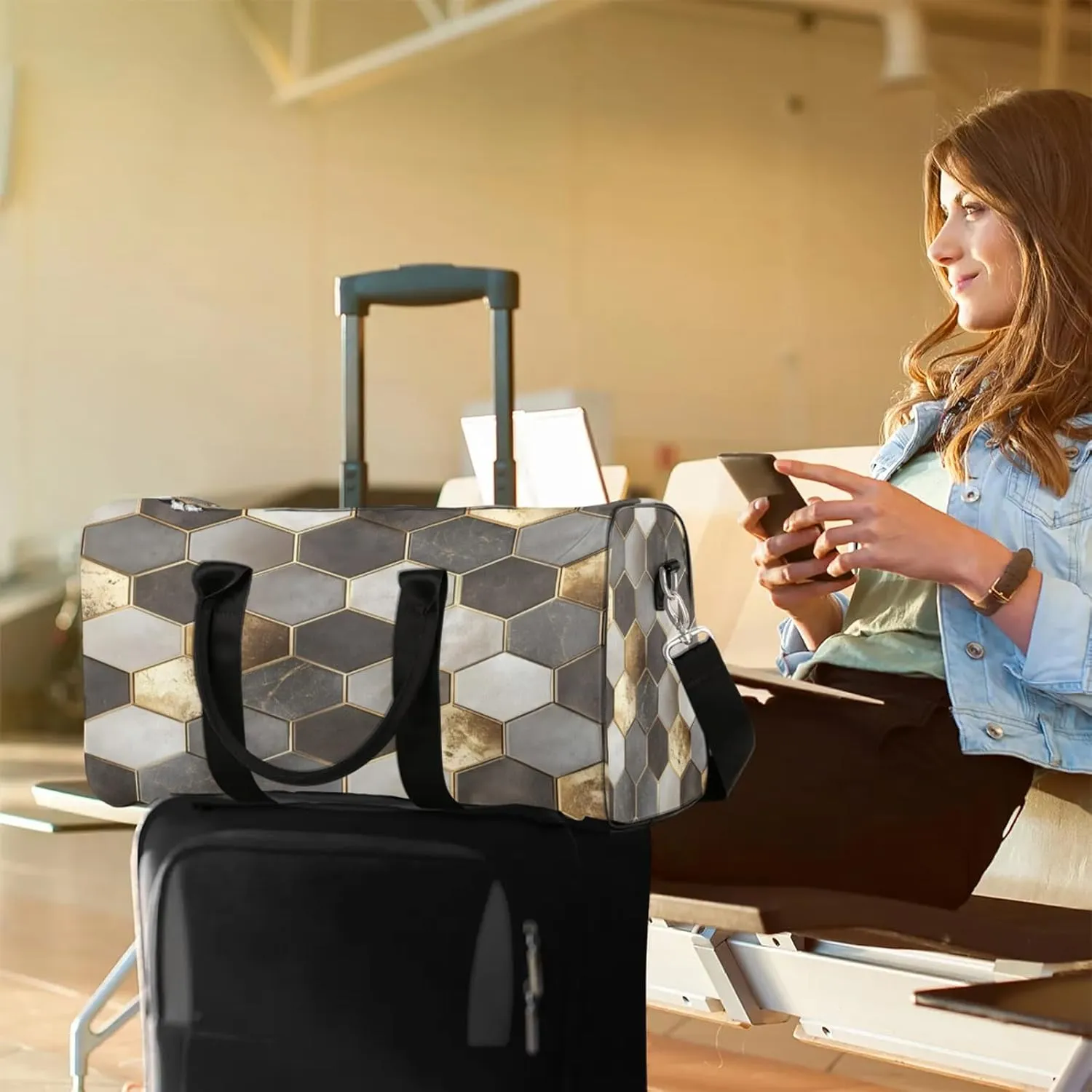Geometric Duffle Bag for Travel, Overnight Weekend Gym Carry On Luggage Bag, Gold Travel Duffel Bag for Men Women