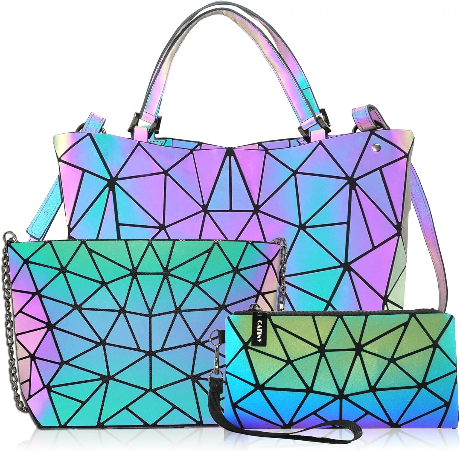 Geometric Purse for Women,Geometric Luminous Crossbody Bags (Large) and Holographic wallets Set-3