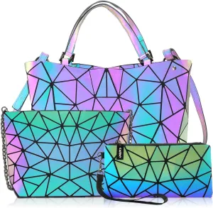 Geometric Purse for Women,Geometric Luminous Crossbody Bags (Large) and Holographic wallets Set-3
