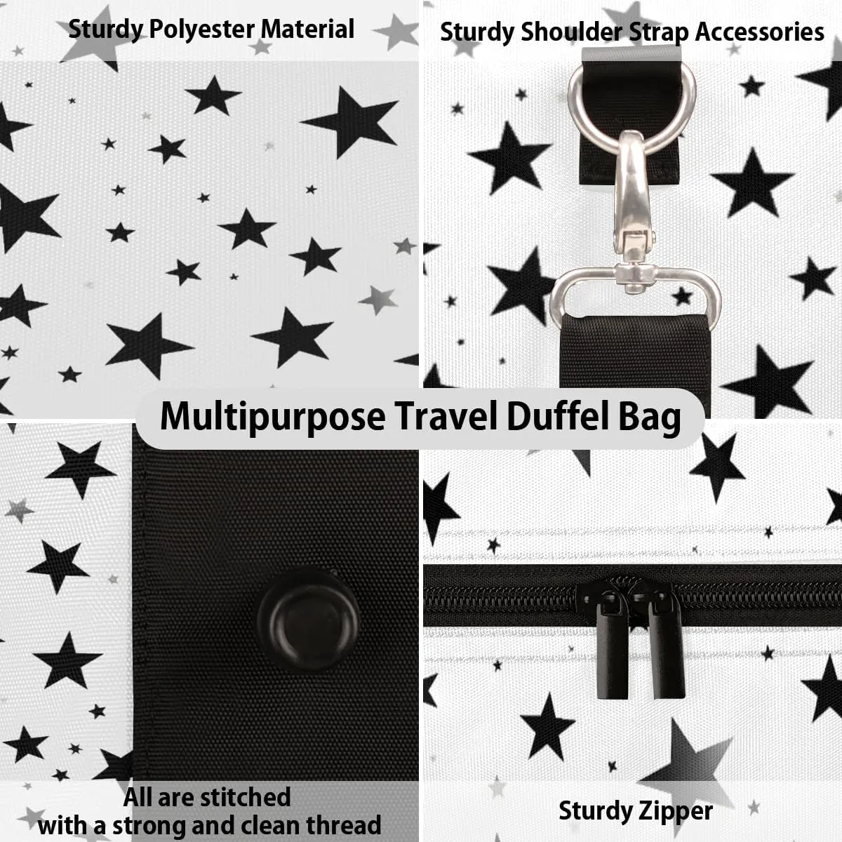 Geometric Stars Travel Duffle Bag, Sports Gym Bags for Women Men, Carry On Weekender Overnight Workout Airplane Trips Bag