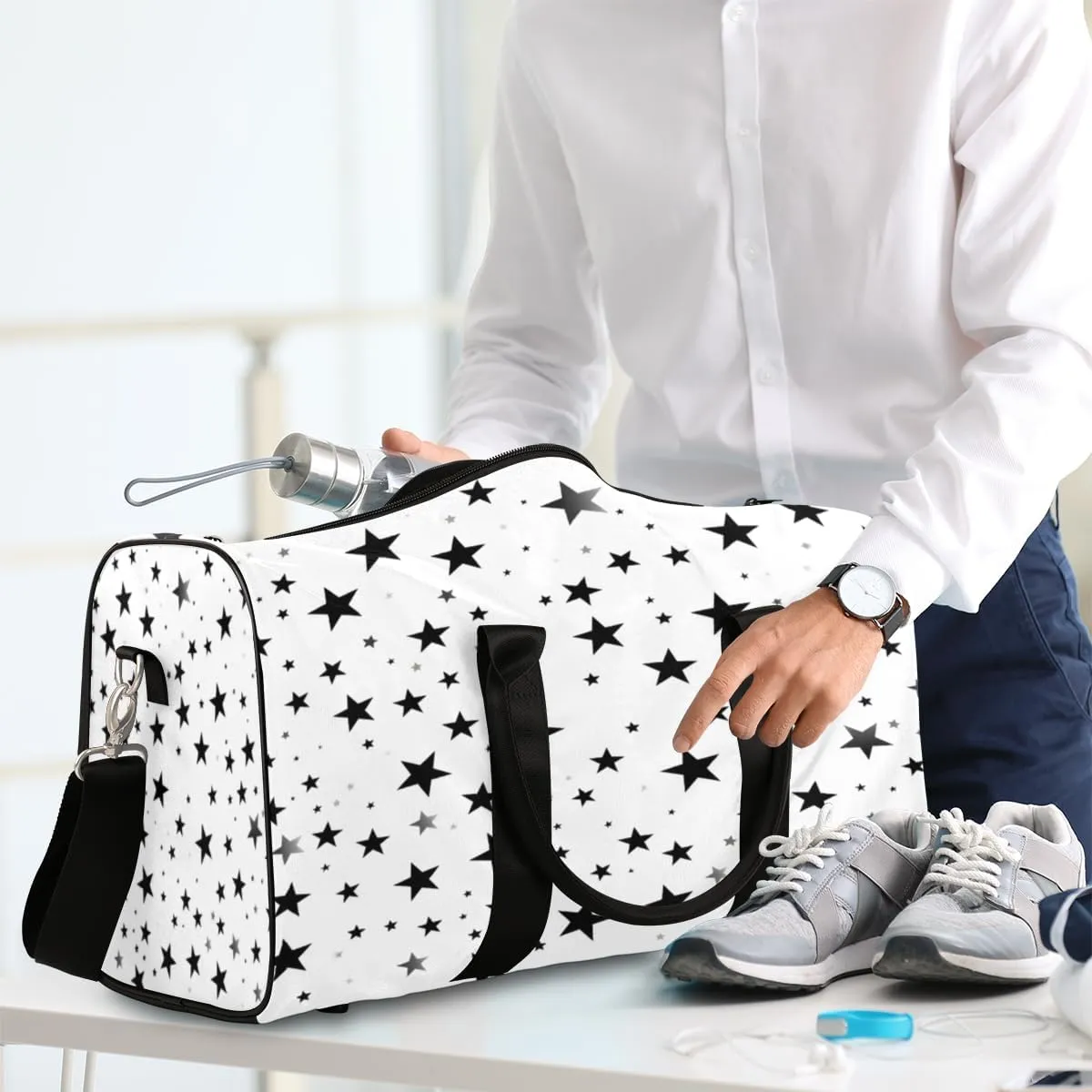 Geometric Stars Travel Duffle Bag, Sports Gym Bags for Women Men, Carry On Weekender Overnight Workout Airplane Trips Bag