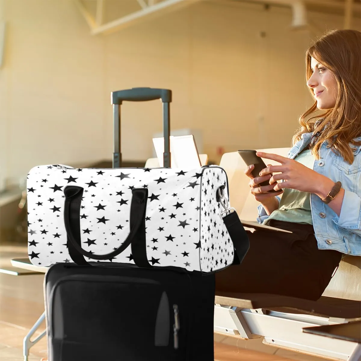 Geometric Stars Travel Duffle Bag, Sports Gym Bags for Women Men, Carry On Weekender Overnight Workout Airplane Trips Bag