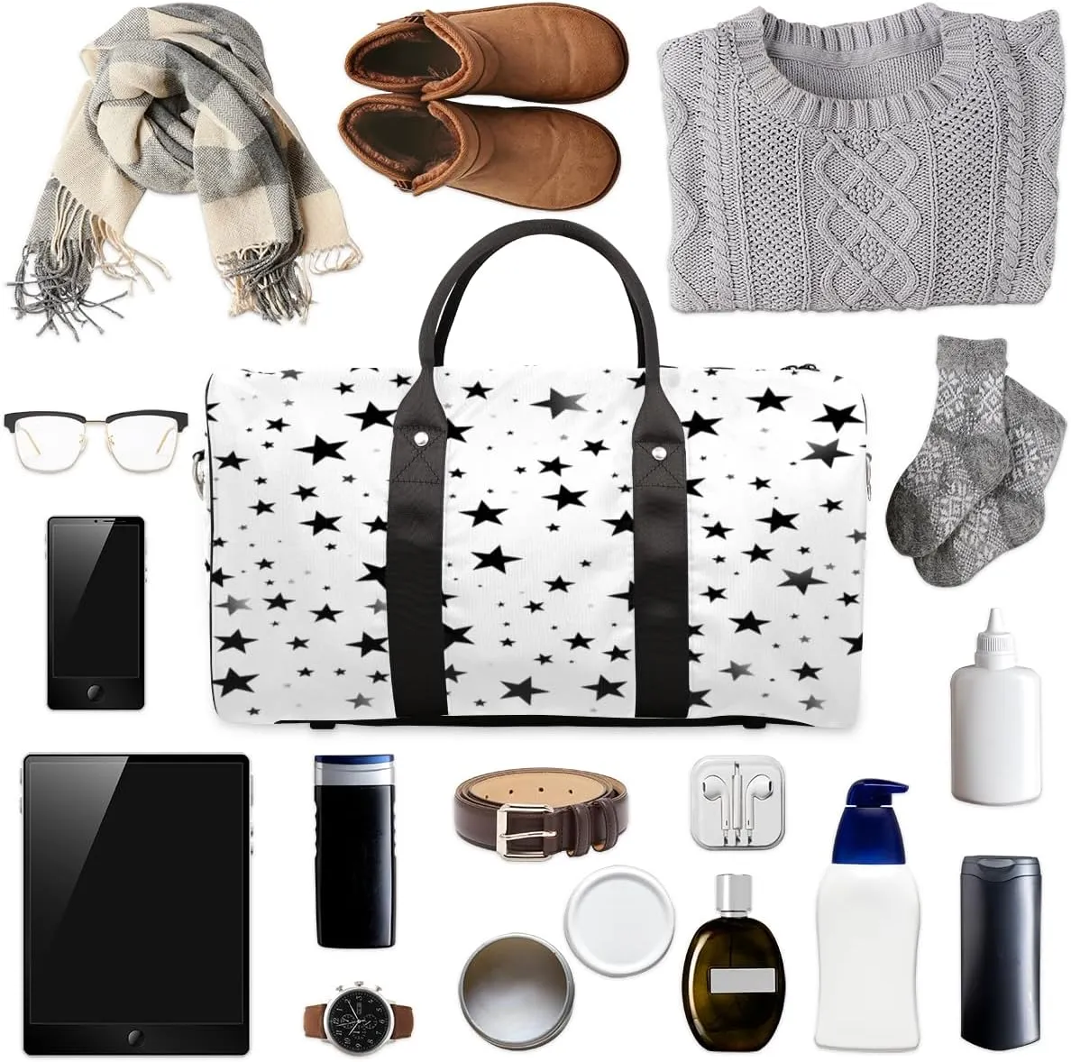 Geometric Stars Travel Duffle Bag, Sports Gym Bags for Women Men, Carry On Weekender Overnight Workout Airplane Trips Bag