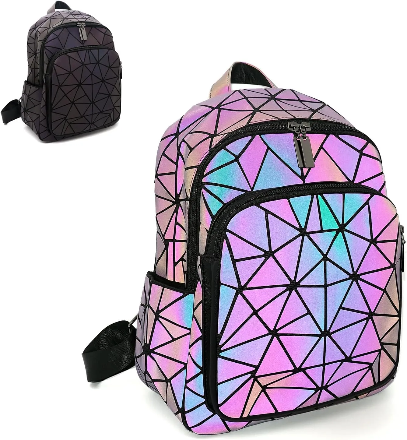Geometric Women's Backpack Geometries Glow Large Purse Backpack Geometrical Luminous Bag Holographic Travel Bags Retro Daypack for Casual, College, Work